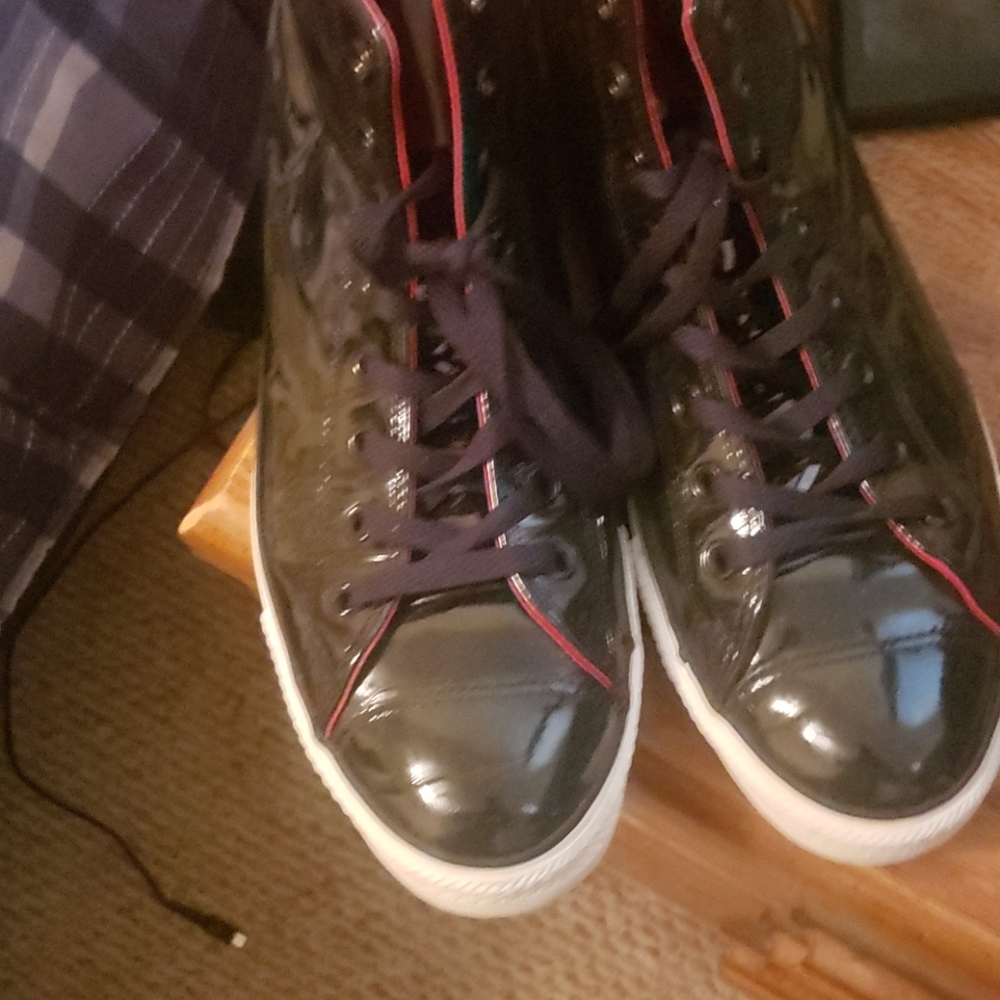 Patten leather black red and white soled converse